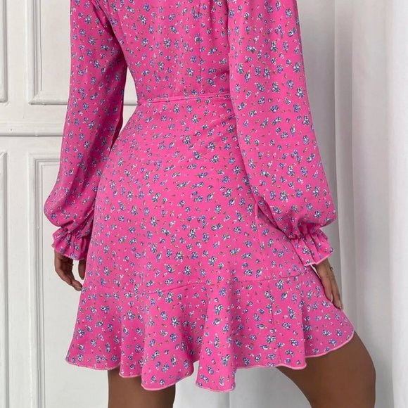 Ditsy mini Floral Flounce Long Sleeve Knot Sided Mini Dress Pink - Picture 8 of 8